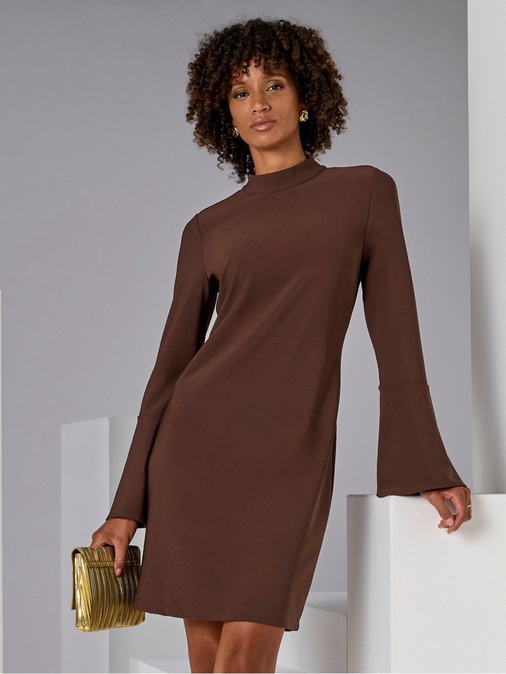 Beyond Travel Bell Sleeve Dress Coffee Bean Color